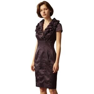 Adrianna Papell Purple Ruffled Neck Cocktail Midi Dress 10 Empire Waist Elegant